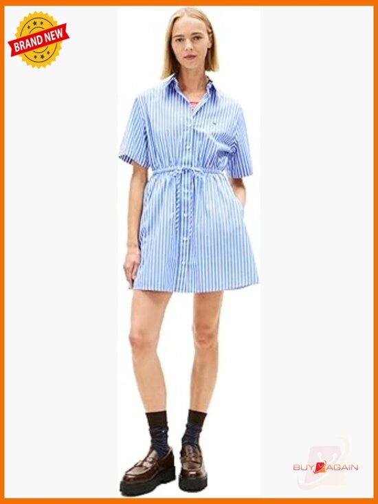 Dresses & Skirts - Mini Stripe Casual Shirt Dress A-line Cotton Poplin Blue